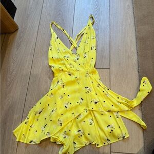 Free People Flowy Yellow Floral Wrap Dress